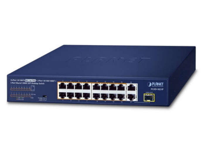 Planet 16-Port 10/100TX 802.3at PoE + 2-Port 10/100/1000T + 1-Port Shared 1000X SFP Desktop Switch (185 Watts) | FGSD-1821P Network Switch Planet