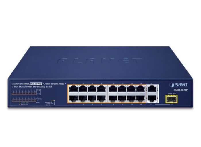 Planet 16-Port 10/100TX 802.3at PoE + 2-Port 10/100/1000T + 1-Port Shared 1000X SFP Desktop Switch (185 Watts) | FGSD-1821P Network Switch Planet