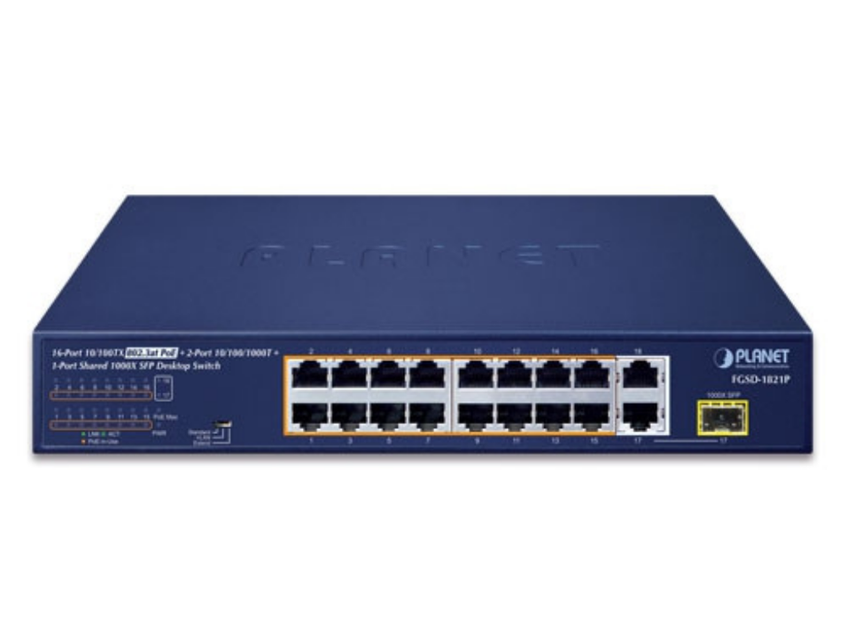 Planet 16-Port 10/100TX 802.3at PoE + 2-Port 10/100/1000T + 1-Port Shared 1000X SFP Desktop Switch (185 Watts) | FGSD-1821P Planet Network Switches Planet