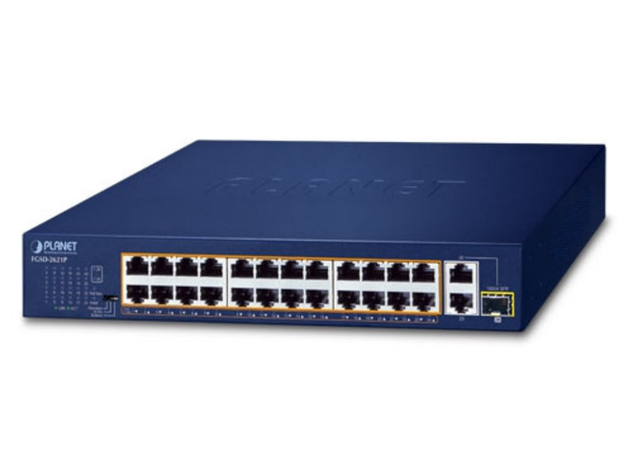 Planet 24-Port 10/100TX 802.3at PoE + 2-Port 10/100/1000T + 1-Port Shared 1000X SFP Desktop Switch (185 Watts) | FGSD-2621P Network Switch Planet