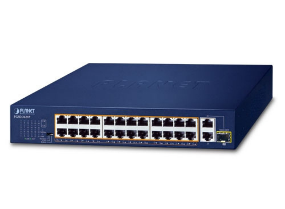 Planet 24-Port 10/100TX 802.3at PoE + 2-Port 10/100/1000T + 1-Port Shared 1000X SFP Desktop Switch (185 Watts) | FGSD-2621P Planet Network Switches Planet