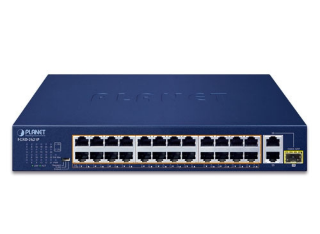 Planet 24-Port 10/100TX 802.3at PoE + 2-Port 10/100/1000T + 1-Port Shared 1000X SFP Desktop Switch (185 Watts) | FGSD-2621P Network Switch Planet