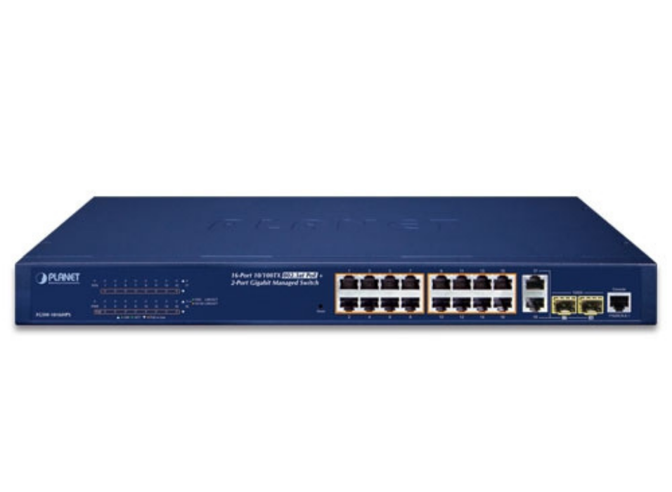 Planet 16-Port 10/100TX 802.3at PoE + 2-Port Gigabit TP/SFP Combo Managed Ethernet Switch | FGSW-1816HPS