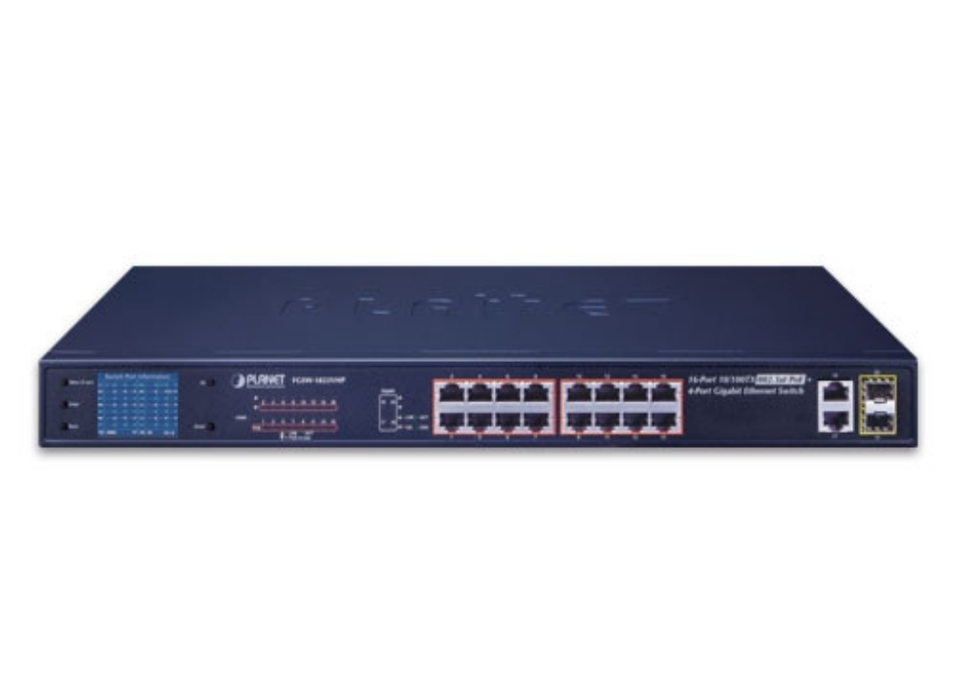 Planet 16-Port 10/100TX 802.3at PoE + 2-Port Gigabit TP + 2-Port SFP Ethernet Switch with LCD PoE Monitor | FGSW-1822VHP Planet Network Switches Planet