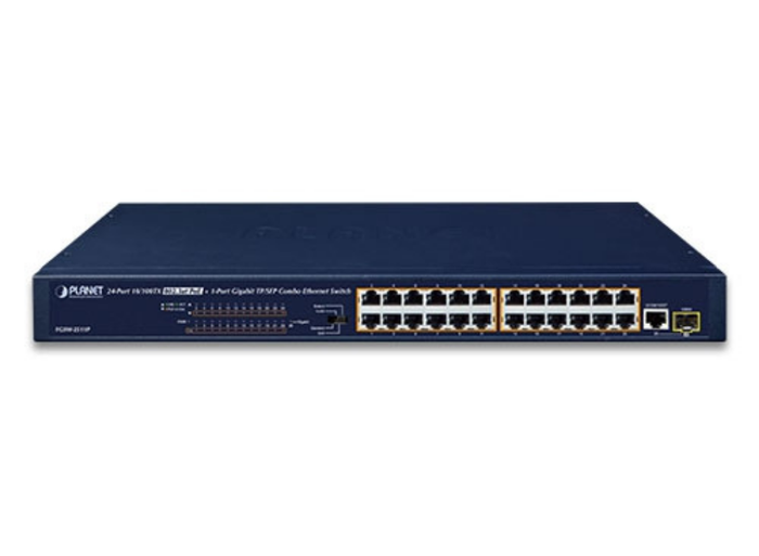 Planet 24-Port 10/100BASE-TX 802.3at PoE + 1-Port Gigabit TP/SFP Combo Ethernet Switch Network Switch Planet