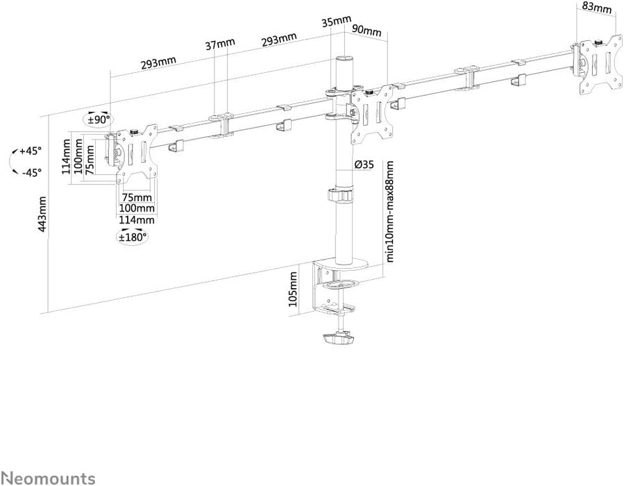 Neomounts 10" - 27" Triple Monitor Arm Desk Mount | FPMA-D550D3BLACK