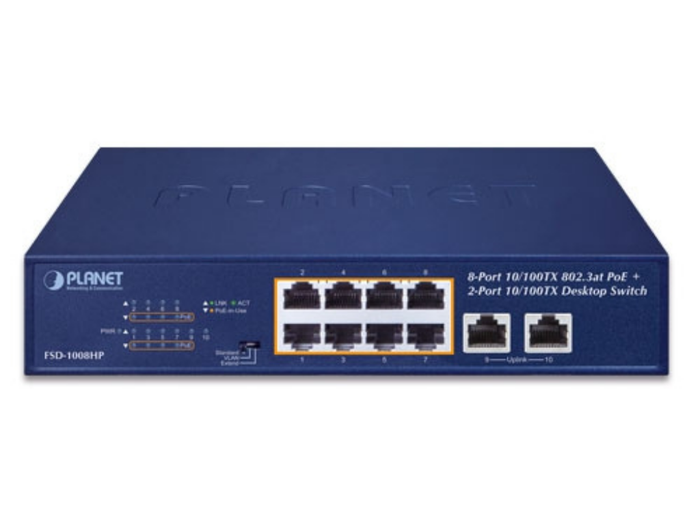 Planet 8-Port 10/100TX 802.3at PoE + 2-Port 10/100TX Desktop Switch Network Switch Planet