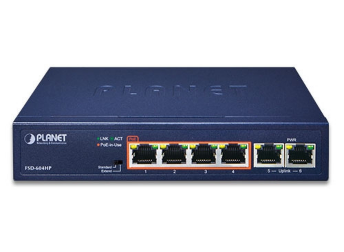 Planet 4-Port 10/100TX 802.3af/at PoE + 2-Port 10/100TX Desktop Switch (60 Watts) | FSD-604HP Network Switch Planet
