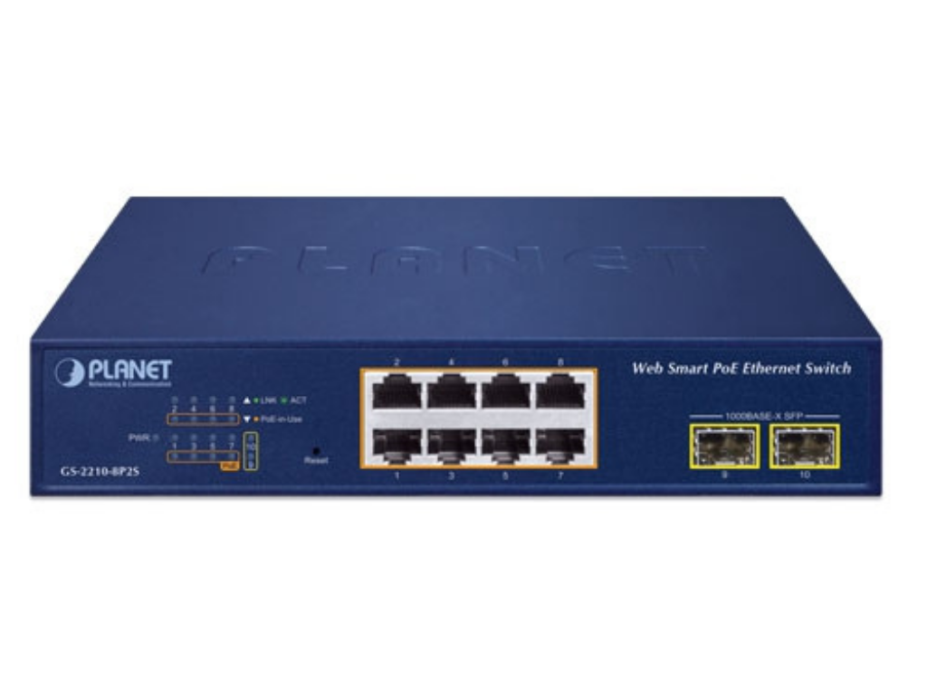 Planet 8-Port 10/100/1000T 802.3at PoE + 2-Port 1000X SFP Web Smart Ethernet Switch Network Switch Planet