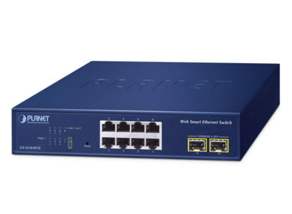 Planet 8-Port 10/100/1000T + 2-Port 1000X SFP Web Smart Ethernet Switch | GS-2210-8T2S Planet Network Switches Planet