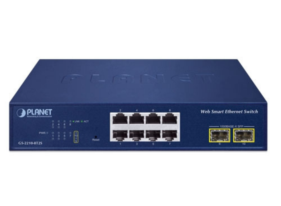 Planet 8-Port 10/100/1000T + 2-Port 1000X SFP Web Smart Ethernet Switch | GS-2210-8T2S Planet Network Switches Planet