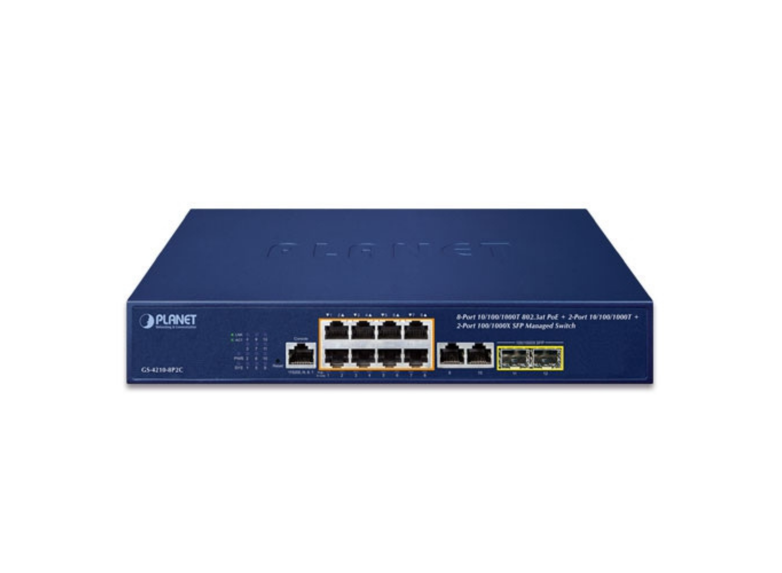 Planet 8-Port 10/100/1000T 802.3at PoE + 2-Port 10/100/1000T+ 2-Port 100/1000X SFP Managed Switch | GS-4210-8P2C Network Switch Planet