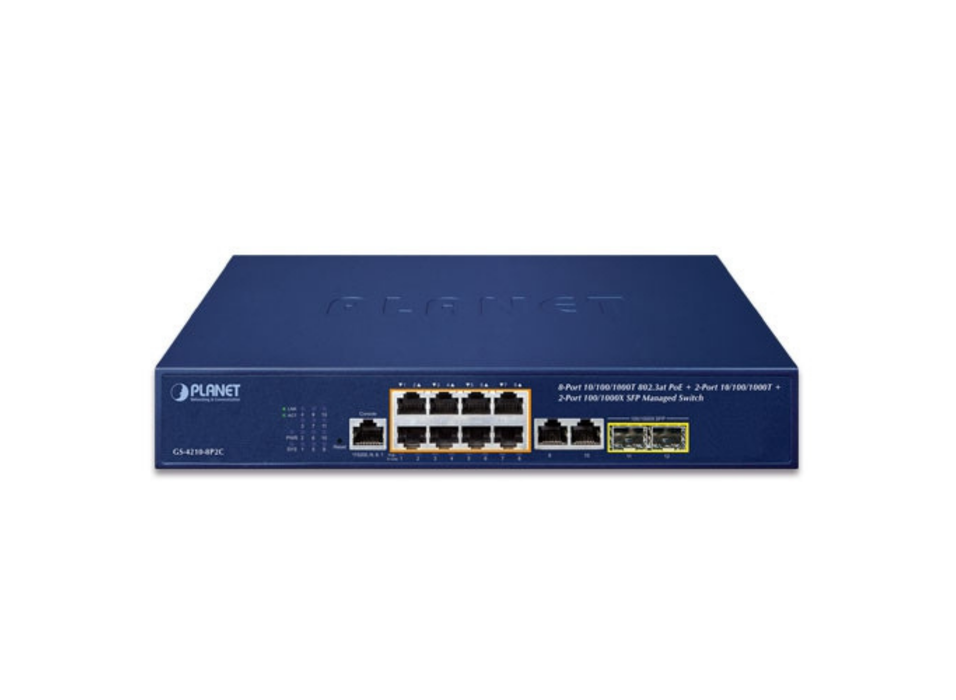 Planet 8-Port 10/100/1000T 802.3at PoE + 2-Port 10/100/1000T+ 2-Port 100/1000X SFP Managed Switch | GS-4210-8P2C