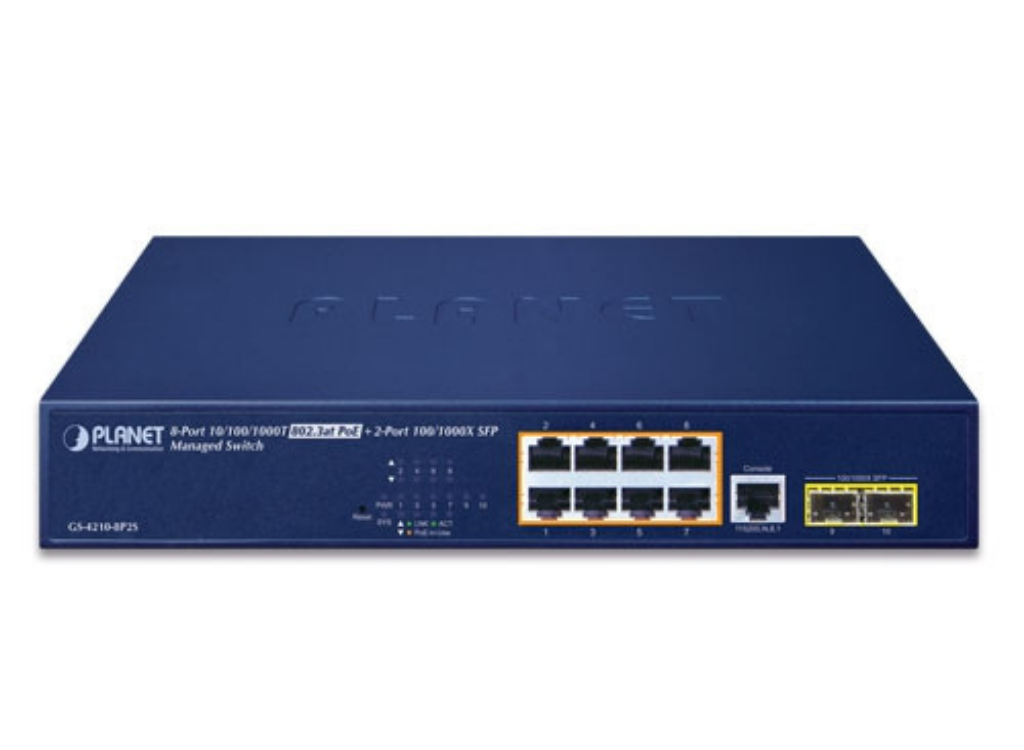 Planet 8-Port 10/100/1000T 802.3at PoE + 2-Port 100/1000X SFP Managed Switch | GS-4210-8P2S Network Switch Planet
