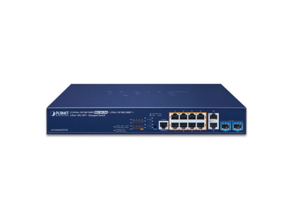 Planet L3 8-Port 10/100/1000T 802.3bt PoE + 2-Port 10/100/1000T + 2-Port 10G SFP+ Managed Switch | GS-5220-8UP2T2X