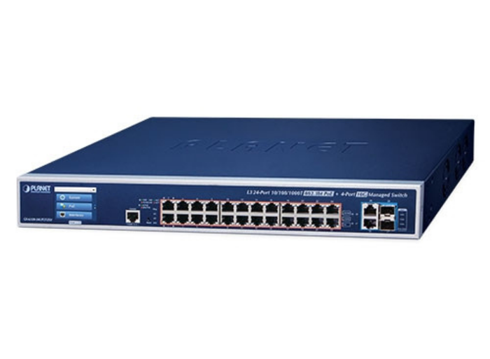 Planet L3 24-Port 10/100/1000T 802.3bt PoE + 2-Port 10GBASE-T + 2-Port 10G SFP+ Managed Switch with LCD Touch Screen and Redundant Power Network Switch Planet