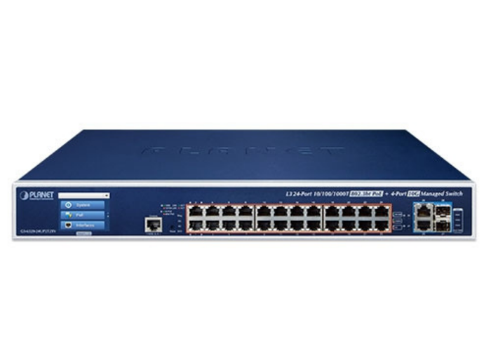 Planet L3 24-Port 10/100/1000T 802.3bt PoE + 2-Port 10GBASE-T + 2-Port 10G SFP+ Managed Switch with LCD Touch Screen and Redundant Power Network Switch Planet