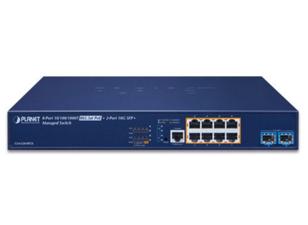 Planet L3 8-Port 10/100/1000T 802.3at PoE + 2-Port 10G SFP+ Managed Switch | GS-6320-8P2X Network Switch Planet