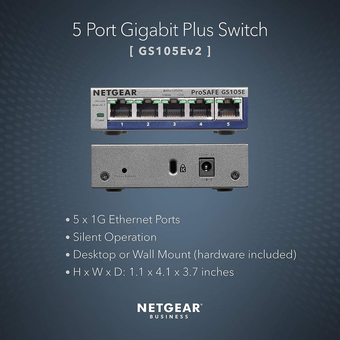 Netgear ProSafe Plus GS105E-200UKS 5 Port L2/L3 Managed Non-POE Network Switch