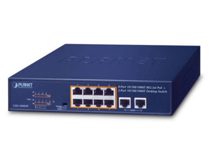 Planet 8-Port 10/100/1000T 802.3at PoE + 2-Port 10/100/1000T Desktop Switch | GSD-1008HP Network Switch Planet