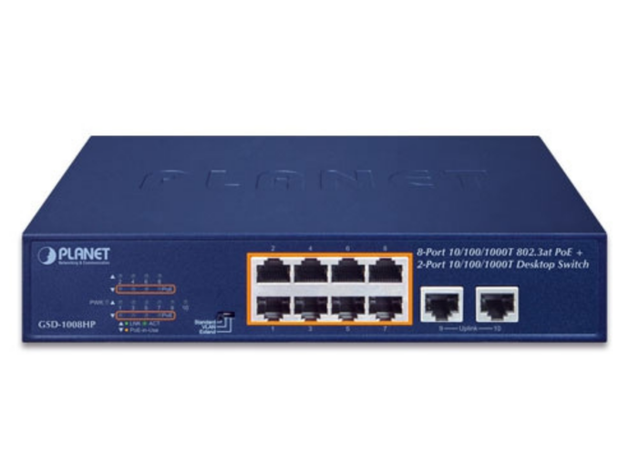 Planet 8-Port 10/100/1000T 802.3at PoE + 2-Port 10/100/1000T Desktop Switch | GSD-1008HP Network Switch Planet