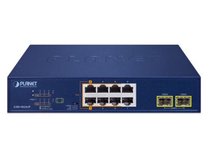 Planet 8-Port Gigabit PoE Switch with 2×PoE++ 4×PoE+ and 2×SFP Uplink | GSD-1022UP Network Switch Planet