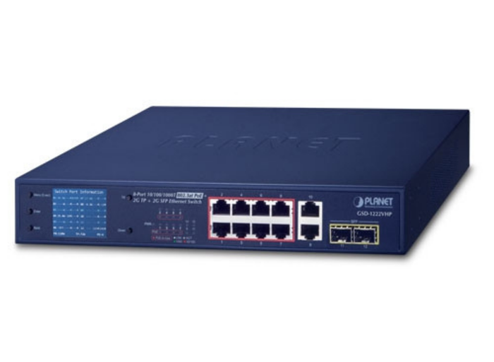 Planet GSD-1222VHP 8-Port PoE+ Gigabit Switch with 2 RJ45 2 SFP Uplinks Network Switch Planet
