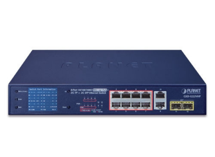 Planet GSD-1222VHP 8-Port PoE+ Gigabit Switch with 2 RJ45 2 SFP Uplinks Network Switch Planet