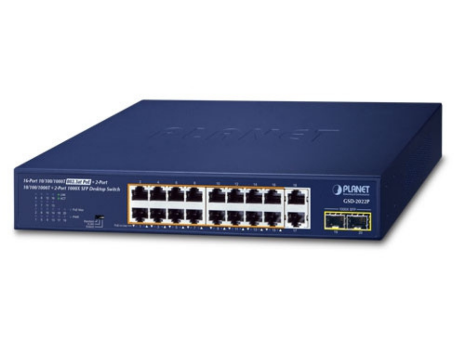 Planet 16-Port 10/100/1000T 802.3at PoE + 2-Port 10/100/1000T + 2-Port 1000X SFP Desktop Switch Planet Network Switches Planet