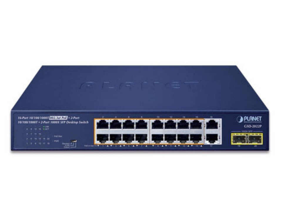 Planet 16-Port 10/100/1000T 802.3at PoE + 2-Port 10/100/1000T + 2-Port 1000X SFP Desktop Switch Planet Network Switches Planet