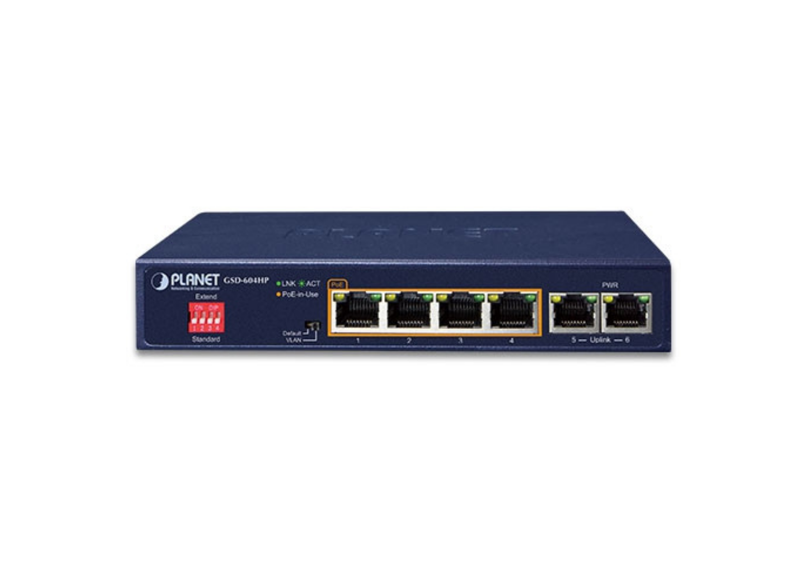 Planet 4-Port 10/100/1000T 802.3at PoE + 2-Port 10/100/1000T Desktop Switch | GSD-604HP Network Switch Planet