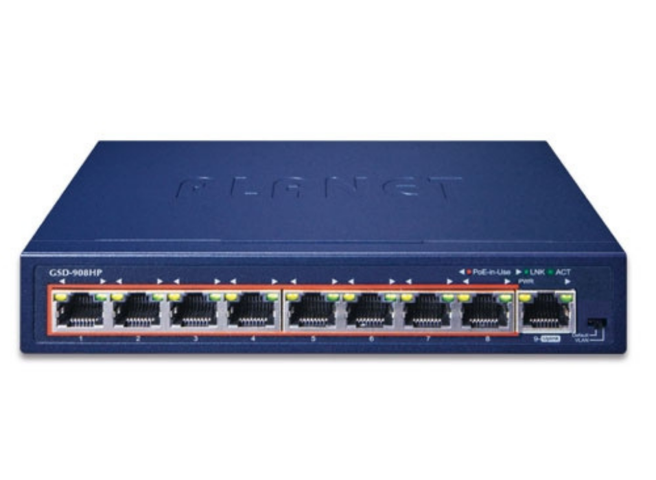 Planet 8-Port 10/100/1000T 802.3at PoE + 1-Port Gigabit Desktop Switch | GSD-908HP Planet Network Switches Planet