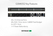 Netgear GSM4352-100NES 48x1G PoE+ (236W base, up to 1,440W) and 4xSFP+ Managed Switch Network Switch Netgear