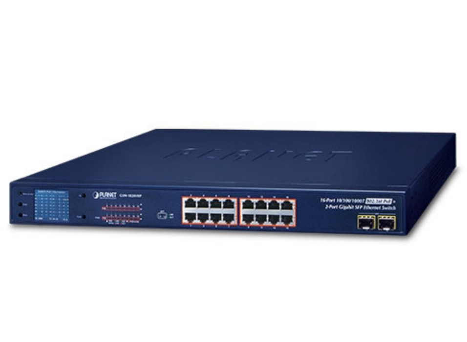 Planet 16-Port 10/100/1000T 802.3at PoE + 2-Port Gigabit SFP Ethernet Switch with LCD PoE Monitor | GSW-1820VHP Planet Network Switches Planet