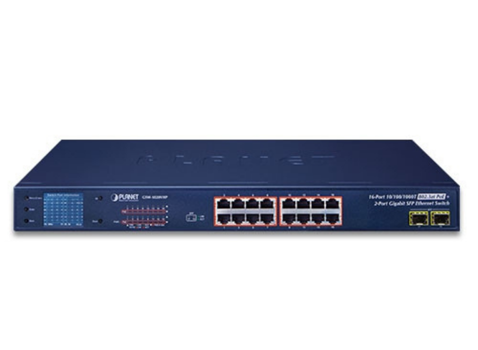 Planet 16-Port 10/100/1000T 802.3at PoE + 2-Port Gigabit SFP Ethernet Switch with LCD PoE Monitor | GSW-1820VHP Planet Network Switches Planet