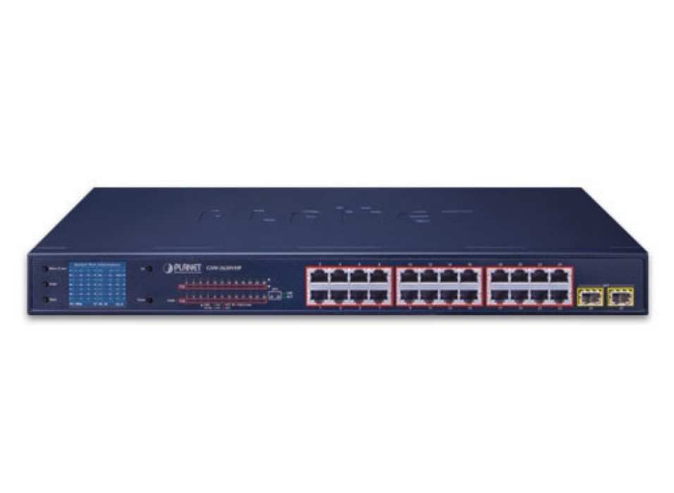 Planet 24-Port 10/100/1000T 802.3at PoE + 2-Port Gigabit SFP Ethernet Switch | GSW-2620VHP