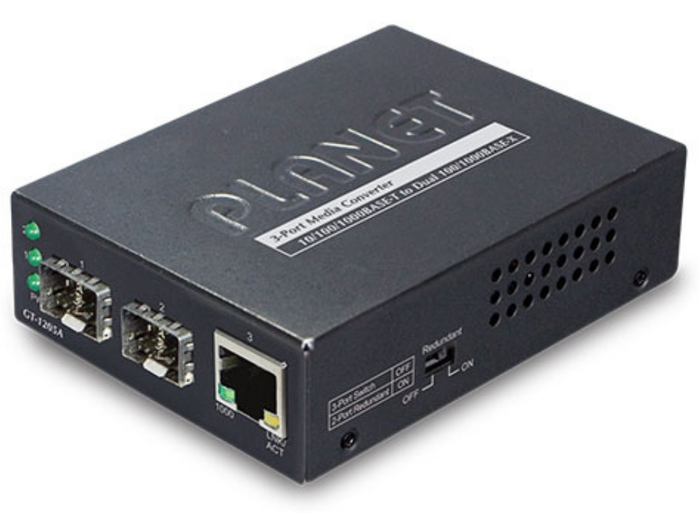 Planet 10/100/1000BASE-T to Dual 100/1000BASE-X SFP Media Converter | GT-1205A Adapter / Converter Planet