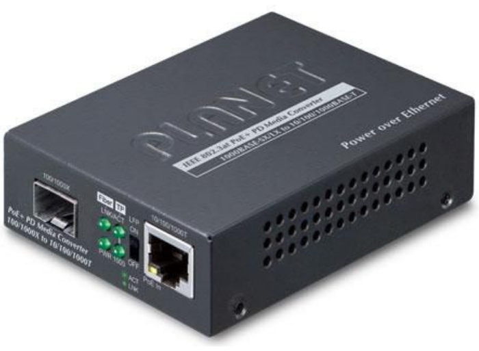 Planet 802.3at PoE+ PD 10/100/1000BASE-T to 100/1000BASE-X SFP Media Converter | GT-805A-PD Video Signal Converter Planet