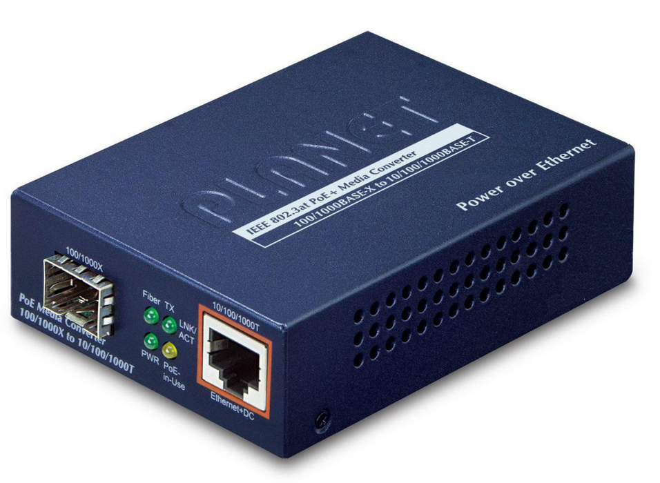 Planet 100/1000BASE-X to 10/100/1000BASE-T PoE+ Gigabit Media Converter | GTP-805A Planet Network Media Converters Planet