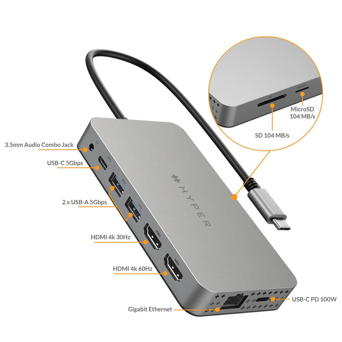 HyperDrive Dual 4K HDMI 10-in-1 USB-C Hub For M1/M2/M3 MacBooks - Silver | HDM1H-GL Docking Station Hyper