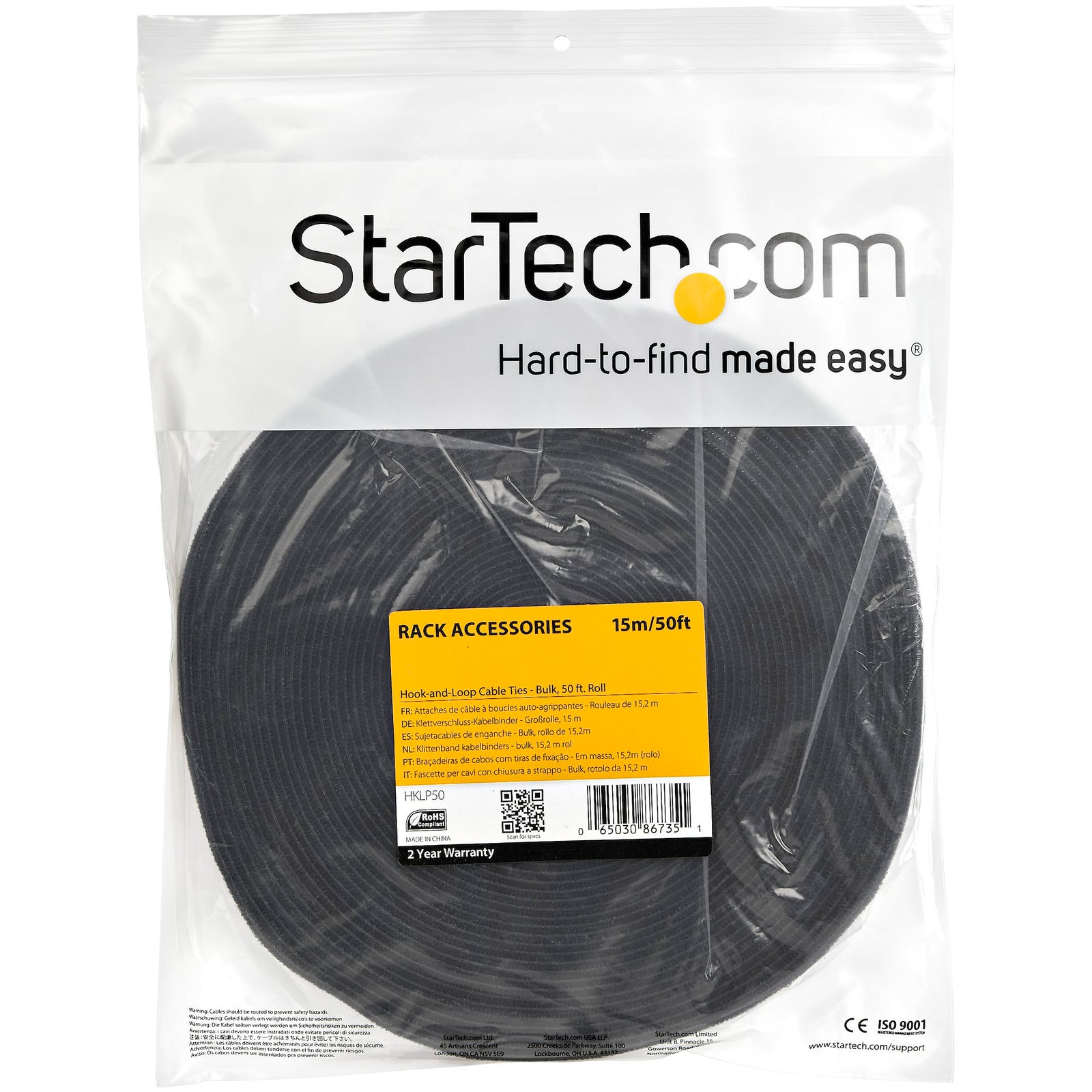 StarTech Hook-and-Loop Cable Management Tie 50 ft. Bulk Roll Black - HKLP50 Cable Accessory Startech