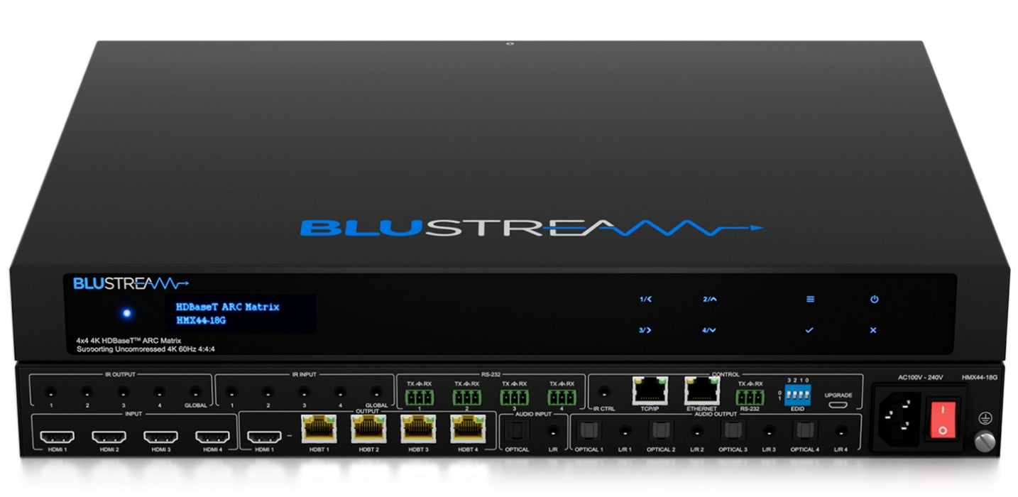 BluStream 4x4 HDBaseT™ ARC Matrix Supporting Uncompressed 4K 60Hz 4:4:4 | HMX44-18G-KIT