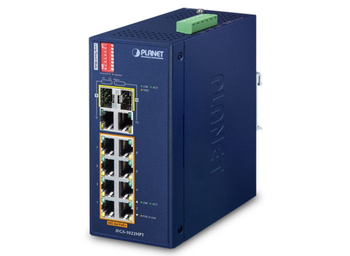 Planet Industrial 8-Port 10/100TX 802.3at PoE + 2-Port Gigabit TP/SFP Combo Ethernet Switch | IFGS-1022HPT Network Switch Planet