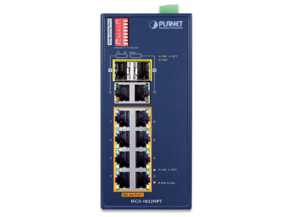 Planet Industrial 8-Port 10/100TX 802.3at PoE + 2-Port Gigabit TP/SFP Combo Ethernet Switch | IFGS-1022HPT Network Switch Planet