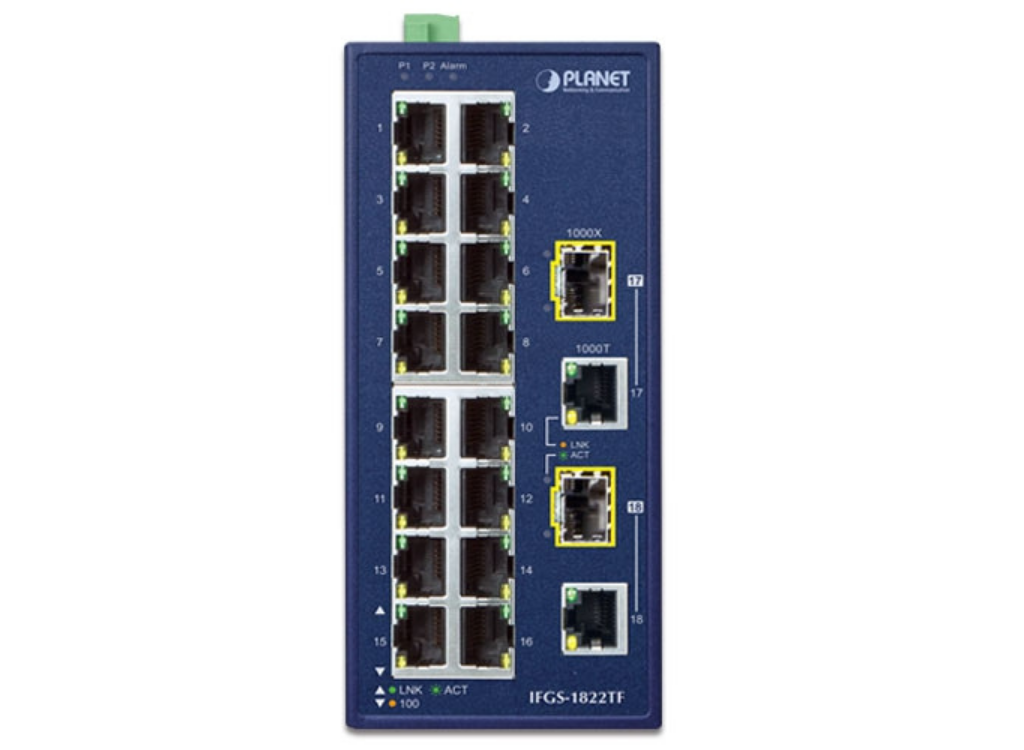 Planet Industrial 16-Port 10/100TX + 2-Port Gigabit TP/SFP Combo Ethernet Switch | IFGS-1822TF Network Switch Planet