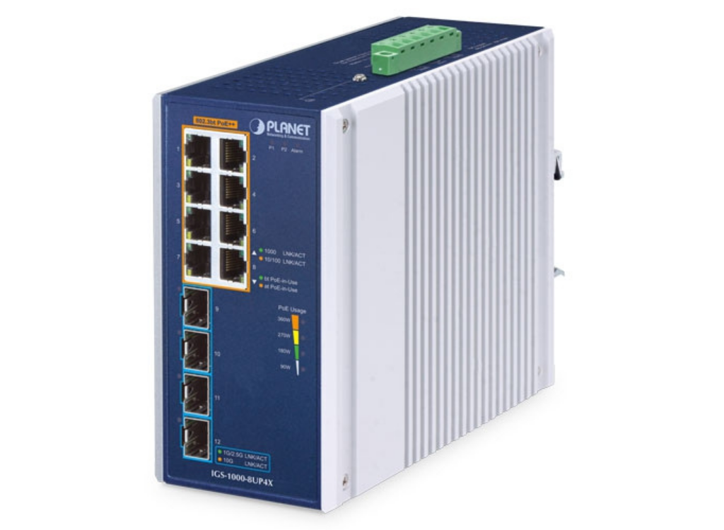 Planet Industrial 8-Port 10/100/1000T 802.3bt PoE + 4-Port 10G SFP+ Ethernet Switch | IGS-1000-8UP4X Network Switch Planet