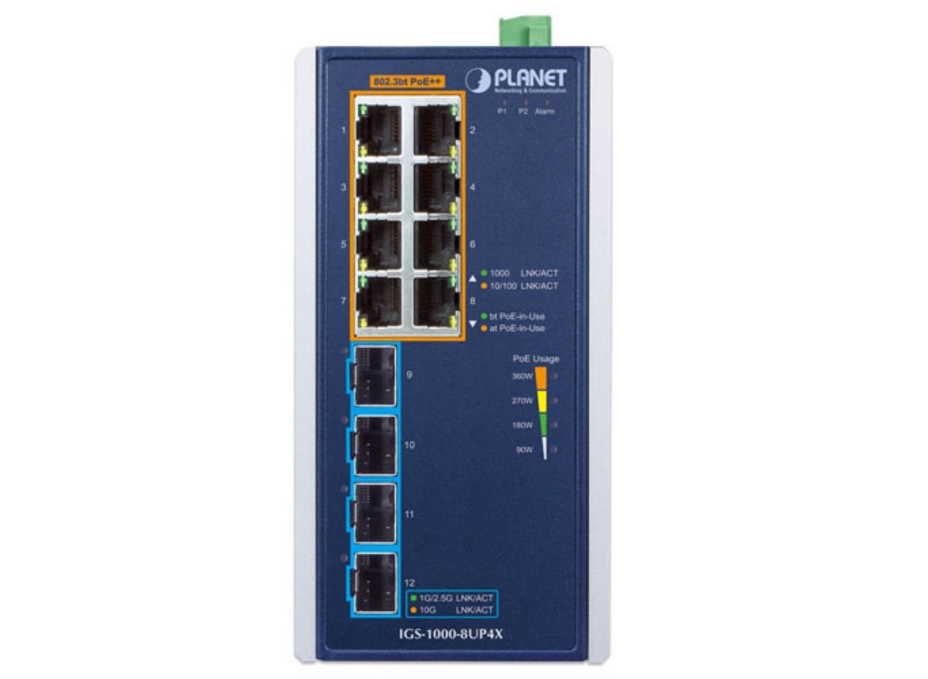 Planet Industrial 8-Port 10/100/1000T 802.3bt PoE + 4-Port 10G SFP+ Ethernet Switch | IGS-1000-8UP4X Network Switch Planet
