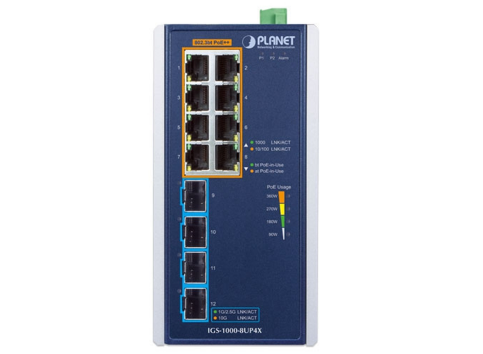 Planet Industrial 8-Port 10/100/1000T 802.3bt PoE + 4-Port 10G SFP+ Ethernet Switch | IGS-1000-8UP4X Network Switch Planet