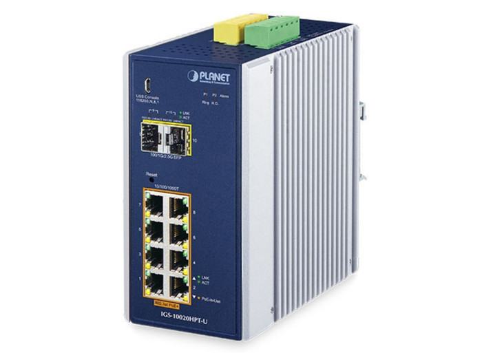 Planet Industrial 8-port 10/100/1000T 802.3at PoE + 2-port 1G/2.5G SFP Managed Switch Network Switch Planet