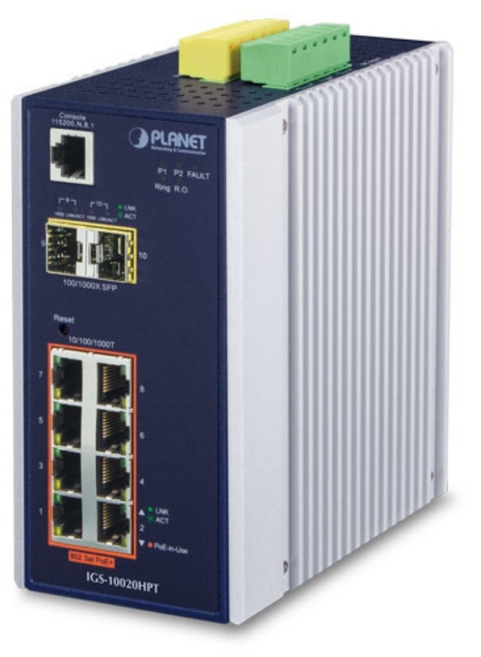 Planet Industrial 8-port 10/100/1000T 802.3at PoE + 2-port 1G/2.5G SFP Managed Switch | IGS-10020HPT Network Switch Planet